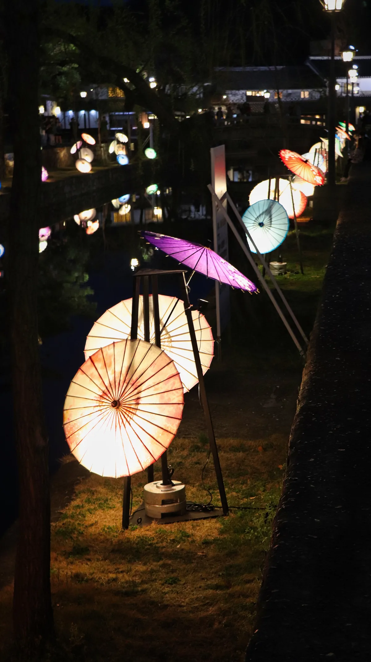倉敷夜色中的和傘燈景